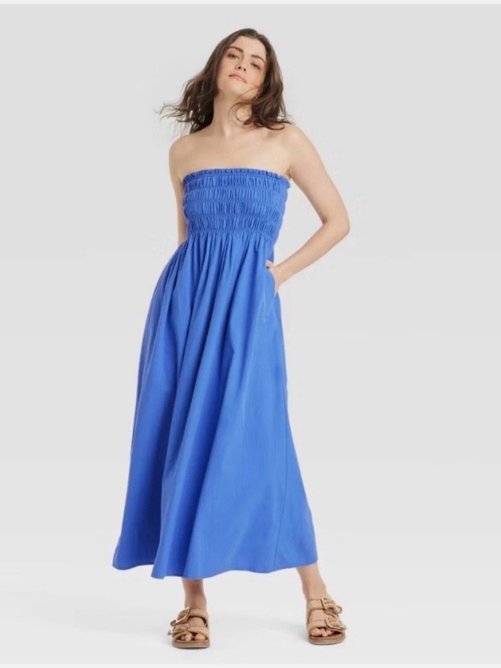 Universal Thread Strapless Smocked Maxi Dress in Blue